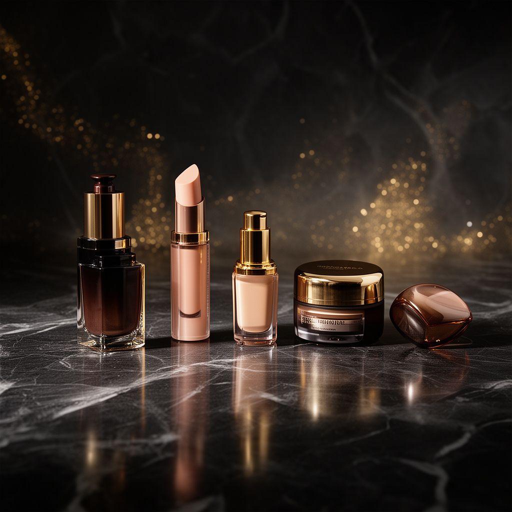 Luxuriöse Kosmetik-Neuheiten auf einem dunklen Marmortisch mit goldenen Reflexen und weichen Schatten