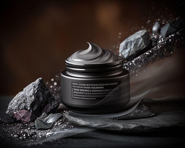 Tiefenreinigende Gesichtsmaske in einer dunklen, eleganten Szenerie mit mineralischen Akzenten und moody Licht