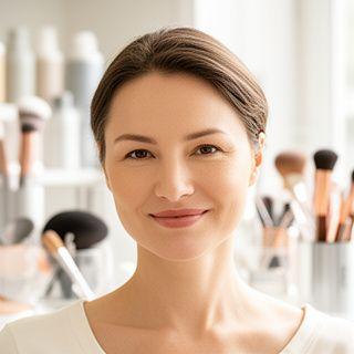 Porträt von Lamine Borromini in einer hellen Produktwerkstatt mit Make-up-Pinseln und Glasbehältern